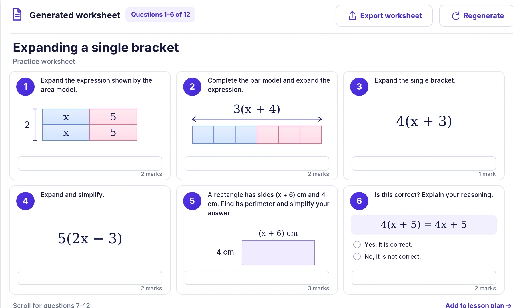 Closer view of the worksheet question sequence and mathematical representations