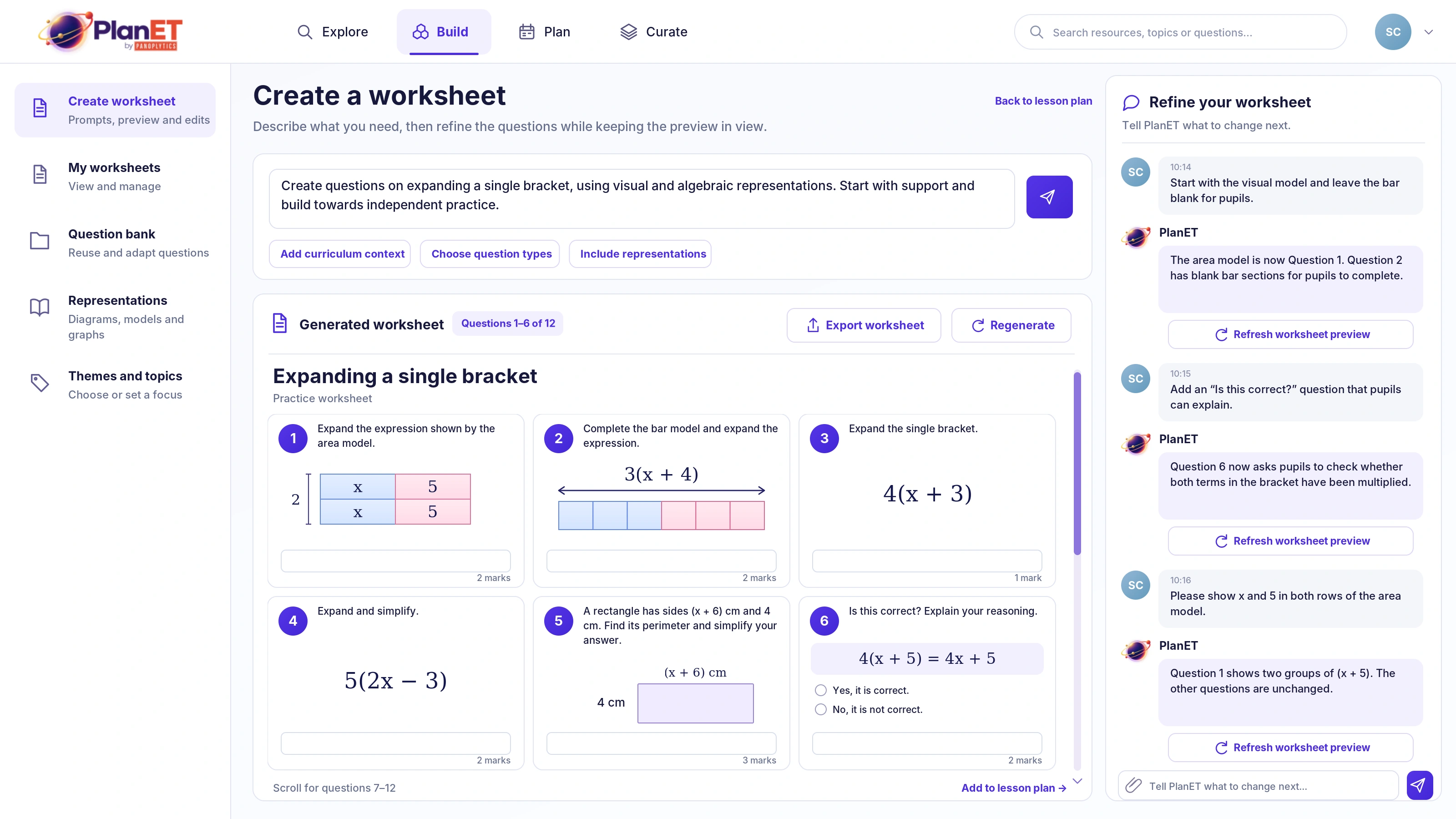 PlanET Build screen showing a worksheet, mathematical representations, question sequence and refinement conversation