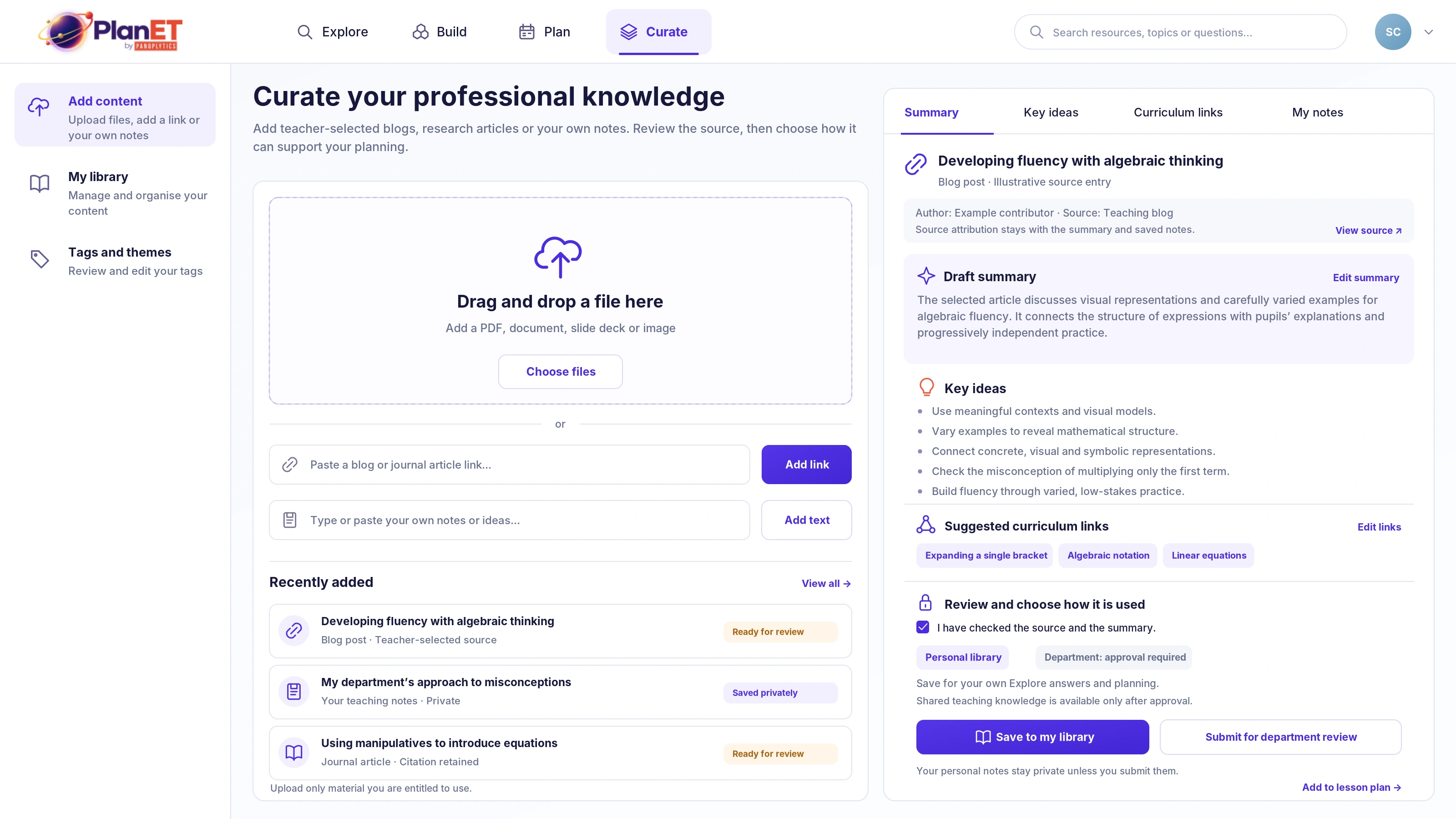 PlanET Curate Professional Knowledge screen showing guidance with source and review details