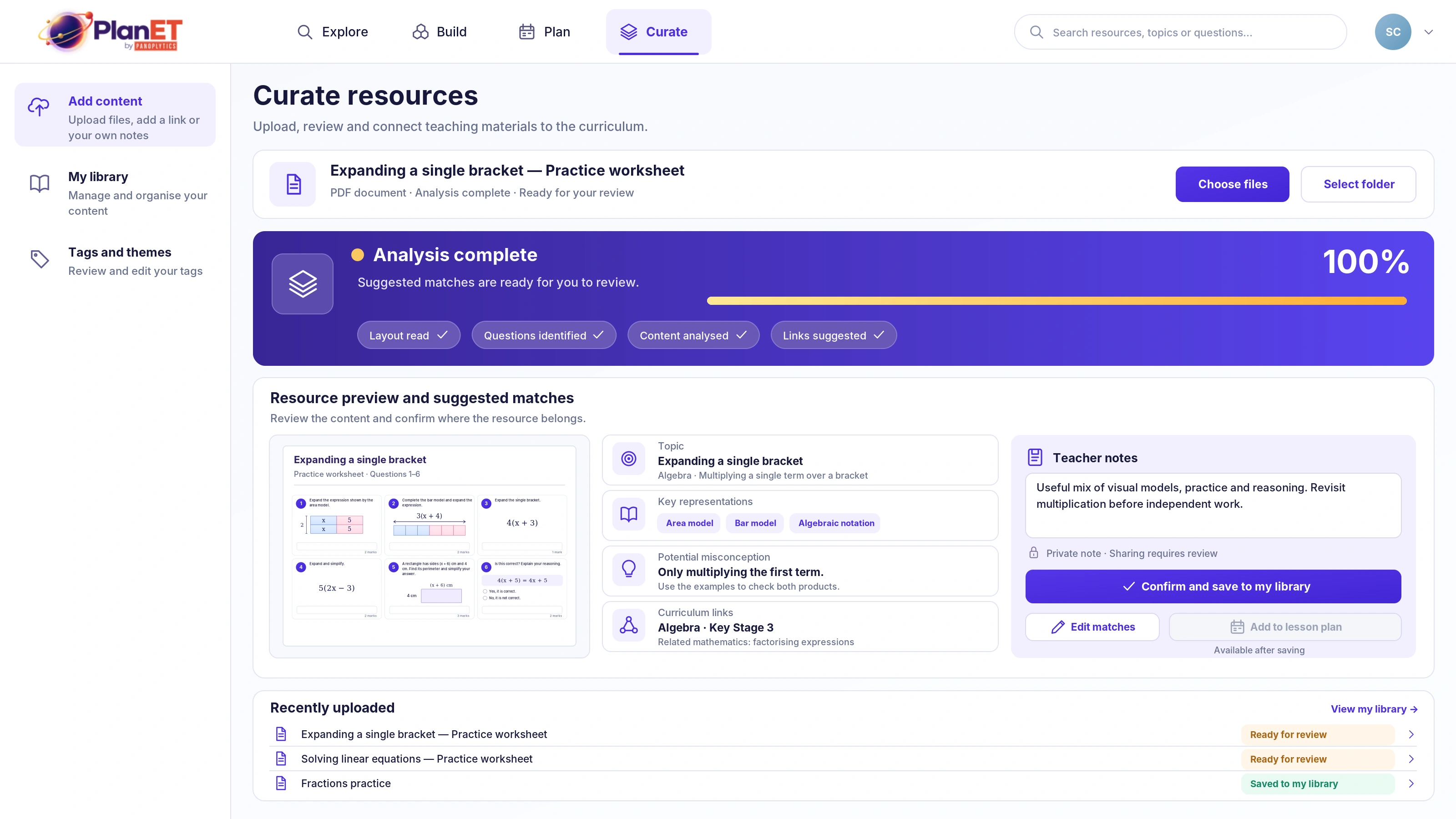 PlanET Curate Resources screen showing an uploaded teaching resource and its associated mathematical ideas
