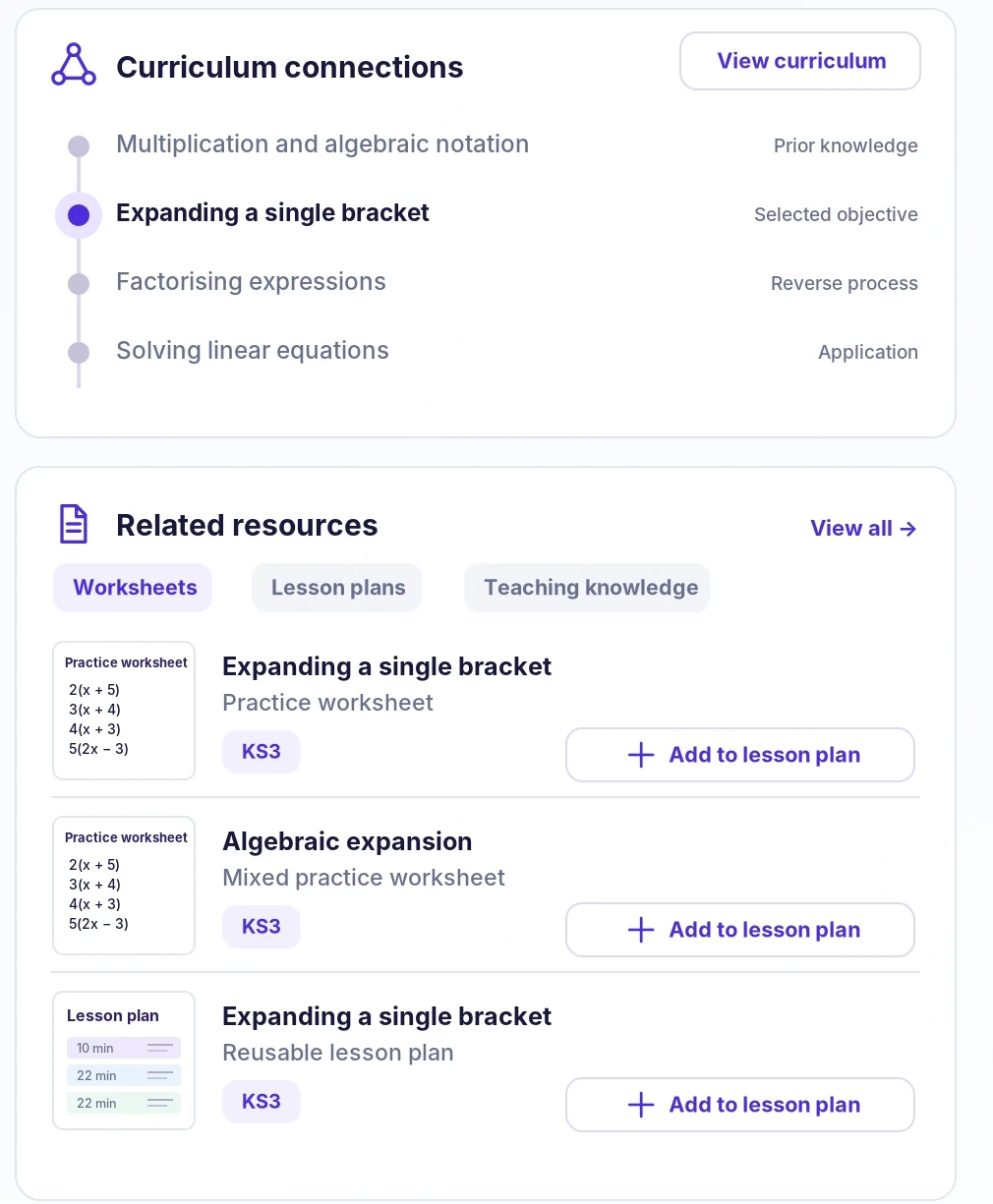 Closer view of curriculum connections and related teaching resources in Explore