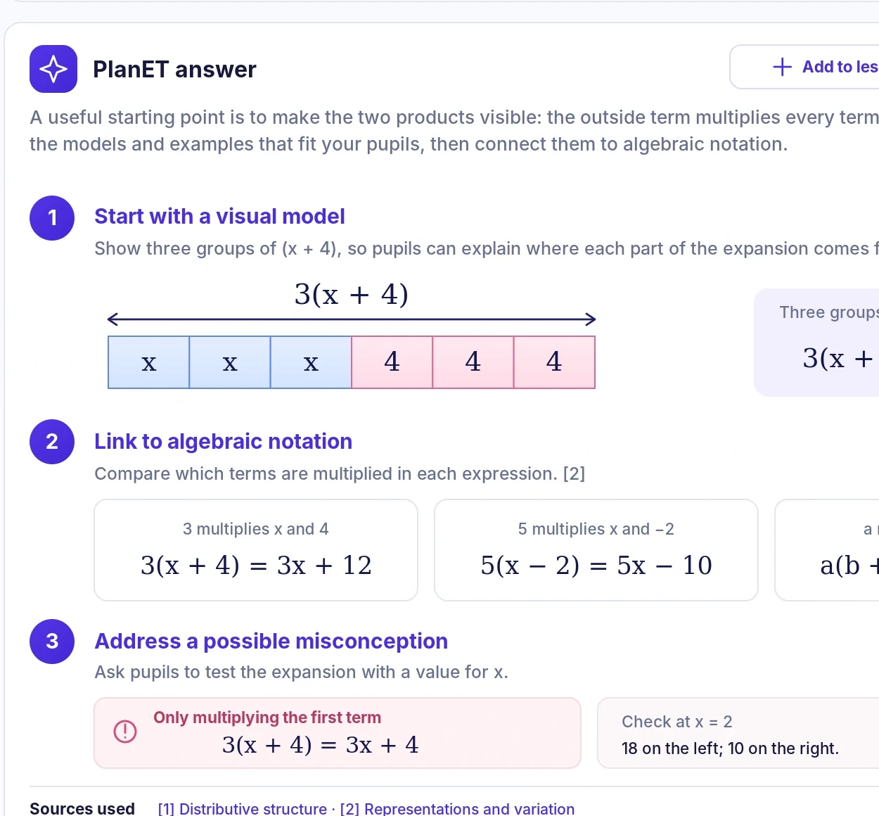 Closer view of the Explore answer, including a visual model and algebraic examples