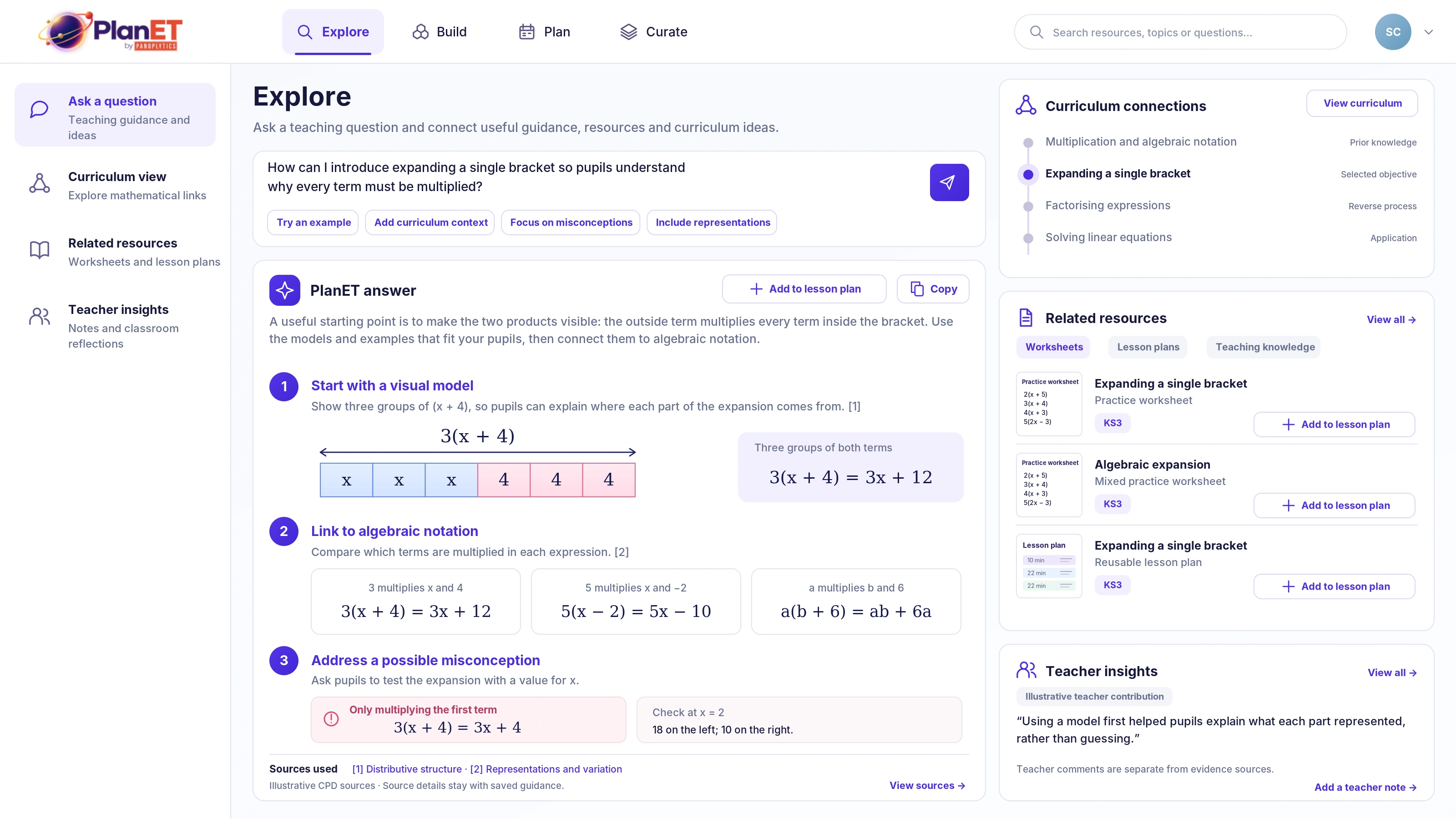 PlanET Explore screen with a teaching question, mathematical insight and connected resources