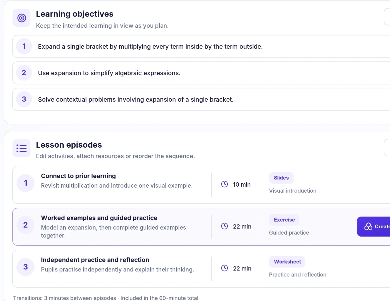 Closer view of PlanET lesson objectives and teaching episodes