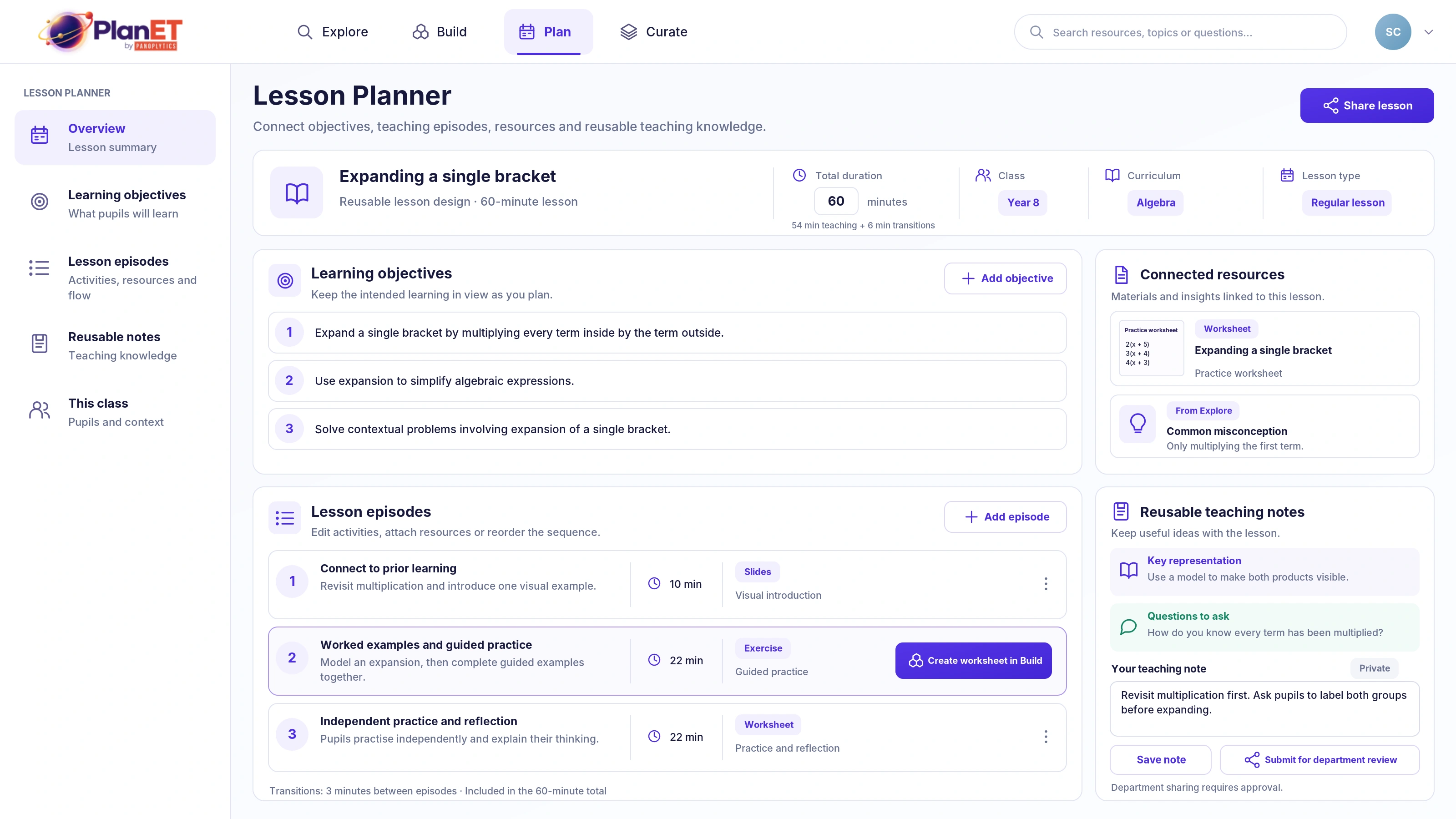 PlanET Lesson Planner screen connecting learning objectives, lesson episodes, resources and teaching knowledge